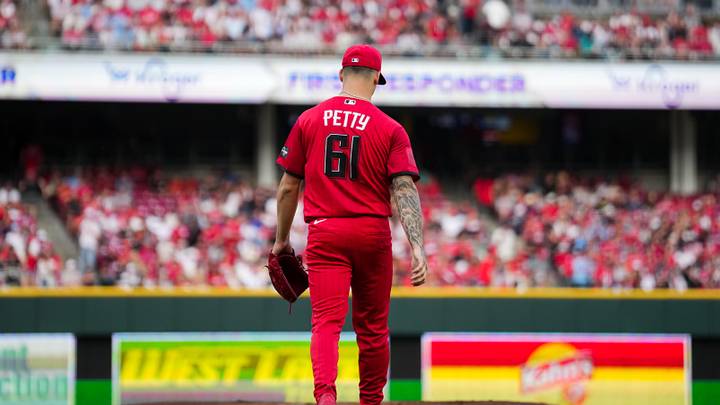 May 23, 2026; Cincinnati, Ohio, USA; Cincinnati Reds pitcher Chase Petty (61) walks to the mound during the game against the St. Louis Cardinals in the second inning at Great American Ball Park. Mandatory Credit: Aaron Doster-Imagn Images May 23, 2026; Cincinnati, Ohio, USA; Cincinnati Reds pitcher Chase Petty (61) walks to the mound during the game against the St. Louis Cardinals in the second inning at Great American Ball Park. Mandatory Credit: Aaron Doster-Imagn Images