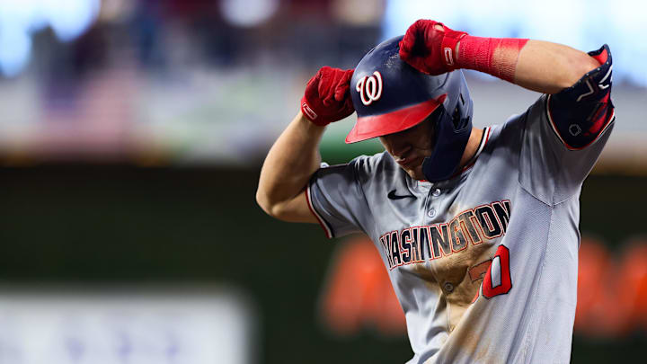 Apr 27, 2024; Miami, Florida, USA; Washington Nationals center fielder Jacob Young (30).