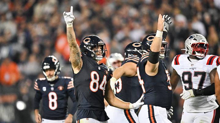 Bears tight end Colston Loveland (84) celebrates with teammates after kicker Cairo Santos makes a field goal Thursday. Bears tight end Colston Loveland (84) celebrates with teammates after kicker Cairo Santos makes a field goal Thursday.