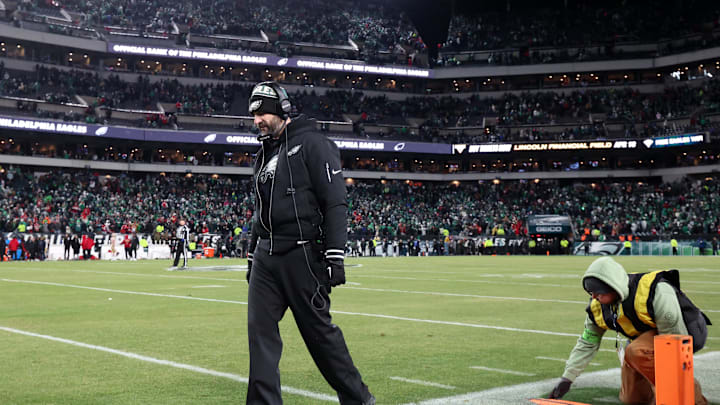 Jan 11, 2026; Philadelphia, PA, USA; Philadelphia Eagles head coach Nick Sirianni looks on during the fourth quarter against the San Francisco 49ers in an NFC Wild Card Round game at Lincoln Financial Field. 