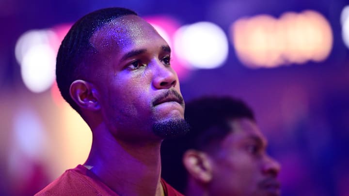 Jan 4, 2026; Cleveland, Ohio, USA; Cleveland Cavaliers center Evan Mobley (4) listens to the national anthem before the game between the Cavaliers and the Detroit Pistons at Rocket Arena. Mandatory Credit: Ken Blaze-Imagn Images