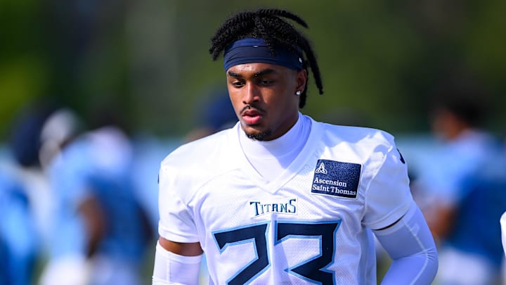 Jul 23, 2025; Nashville, TN, USA; Tennessee Titans safety Kevin Winston Jr. (23) during training camp at Ascension Saint Thomas Sports Park. Mandatory Credit: Steve Roberts-Imagn Images Jul 23, 2025; Nashville, TN, USA; Tennessee Titans safety Kevin Winston Jr. (23) during training camp at Ascension Saint Thomas Sports Park. Mandatory Credit: Steve Roberts-Imagn Images