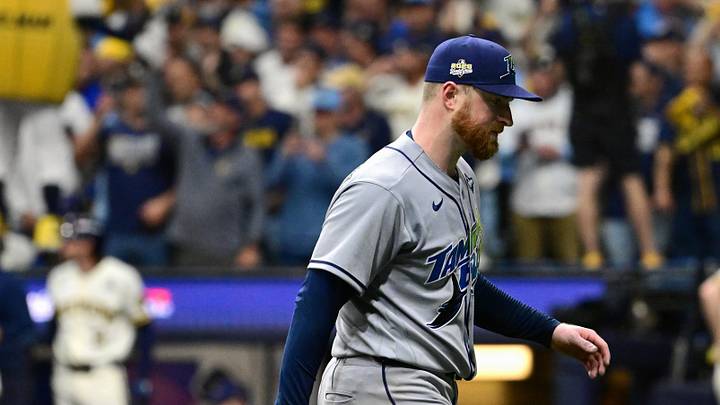 Oct 24, 2026; Milwaukee, Wisconsin, USA; Tampa Bay Rays starting pitcher Drew Rasmussen (57) walks to the dugout for a pitching change against the Milwaukee Brewers during fourth inning in game two of the 2026 World Series at American Family Field. Mandatory Credit: Benny Sieu-Imagn Images Oct 24, 2026; Milwaukee, Wisconsin, USA; Tampa Bay Rays starting pitcher Drew Rasmussen (57) walks to the dugout for a pitching change against the Milwaukee Brewers during fourth inning in game two of the 2026 World Series at American Family Field. Mandatory Credit: Benny Sieu-Imagn Images