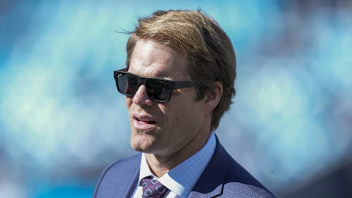 Nov 19, 2023; Charlotte, North Carolina, USA;  Former Panther and now announcer Greg Olsen during pregame warm ups between the Carolina Panthers and the Dallas Cowboys at Bank of America Stadium. Mandatory Credit: Jim Dedmon-Imagn Images