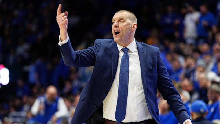 Feb 11, 2025; Lexington, Kentucky, USA; Kentucky Wildcats head coach Mark Pope directs his players during the second half against the Tennessee Volunteers at Rupp Arena at Central Bank Center. Mandatory Credit: Jordan Prather-Imagn Images