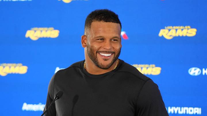 Aug 30, 2026; Woodland Hills, CA, USA; Los Angeles Rams defensive end Aaron Donald at press conference at the Rams Practice Facility.  Mandatory Credit: Kirby Lee-Imagn Images