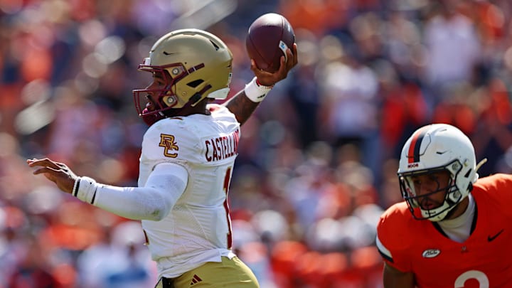 Oct 5, 2024; Charlottesville, Virginia, USA; Boston College Eagles quarterback Thomas Castellanos (1) throws a pass during the third quarter against the Virginia Cavaliers at Scott Stadium. Mandatory Credit: Peter Casey-Imagn Images