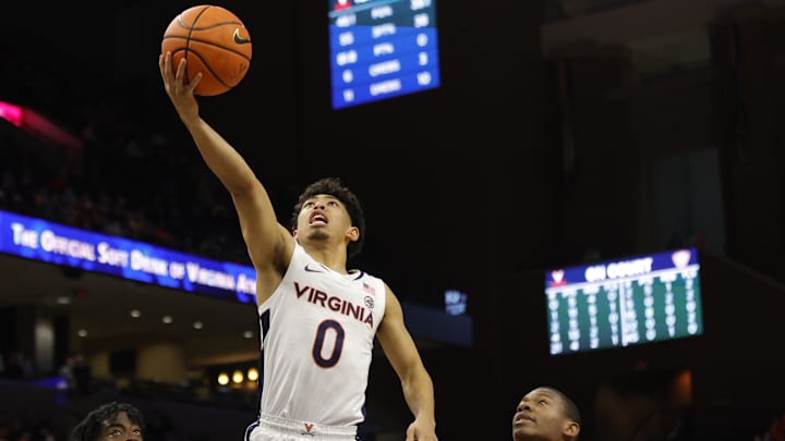 Nov 12, 2021; Charlottesville, Virginia, USA; Virginia Cavaliers guard Kihei Clark (0) shoots the