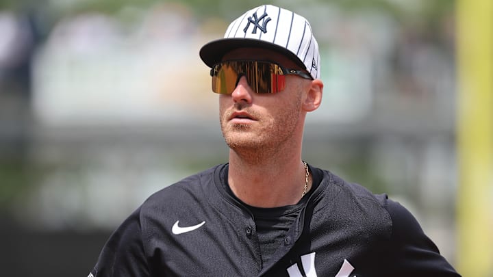 Mar 23, 2025; Tampa, Florida, USA; New York Yankees outfielder Cody Bellinger (35) looks on during the fifth inning against the Tampa Bay Rays at George M. Steinbrenner Field. Mandatory Credit: Kim Klement Neitzel-Imagn Images