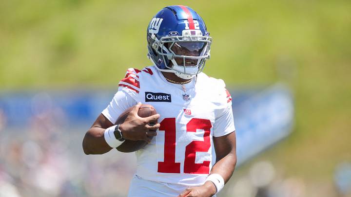 Jul 30, 2026; White Sulphur Springs, WV, USA; New York Giants cornerback Colton Hood (12) participates in a drill during training camp at The Greenbrier Resort Sports Performance Center. Jul 30, 2026; White Sulphur Springs, WV, USA; New York Giants cornerback Colton Hood (12) participates in a drill during training camp at The Greenbrier Resort Sports Performance Center.