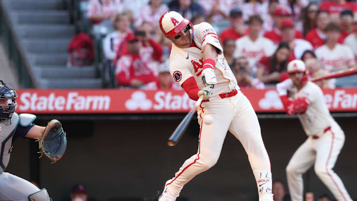 Los Angeles Angels outfielder Mike Trout (27) grounds out during the first inning against the Seattle Mariners at Angel Stadium on June 6.