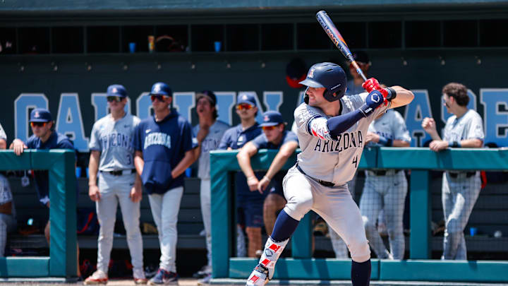 Jun 8, 2025; Chapel Hill, NC, USA;  Arizona outfielder Brendan Summerhill (4) prepares to hit the ball during the seventh inning of the Super Regionals game against North Carolina in Chapel Hill, North Carolina. Mandatory Credit: Jaylynn Nash-Imagn Images
