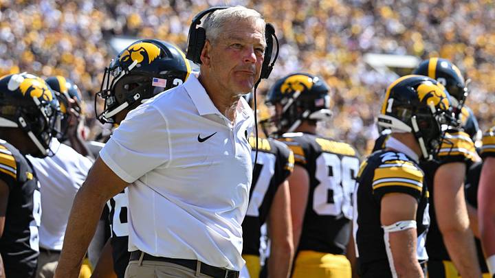 Sep 2, 2023; Iowa City, Iowa, USA; Iowa Hawkeyes head coach Kirk Ferentz looks on during the game against the Utah State Aggies at Kinnick Stadium. Mandatory Credit: Jeffrey Becker-Imagn Images