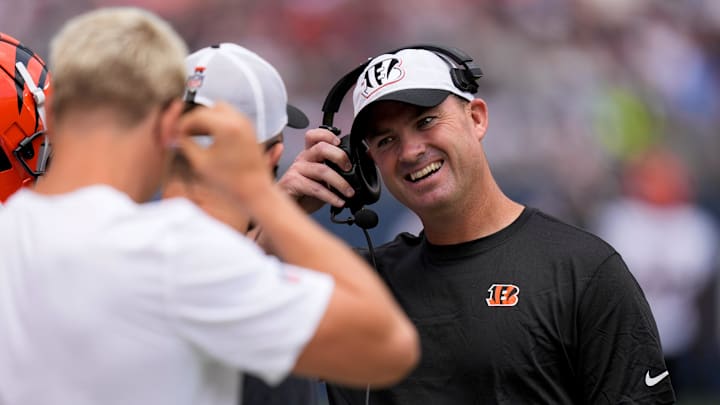 Cincinnati Bengals head coach Zac Taylor smiles after the defense forces a three-and-out on the opening drive of the first quarter of the NFL Preseason Week 2 game between the Chicago Bears and the Cincinnati Bengals at Soldier Field in downtown Chicago on Saturday, Aug. 17, 2024. The Bears led 10-3 at halftime.