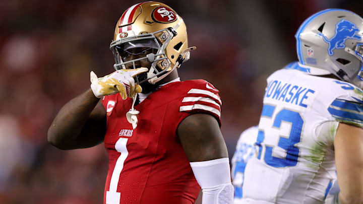 Dec 30, 2024; Santa Clara, California, USA; San Francisco 49ers wide receiver Deebo Samuel Sr. (1) celebrates after a play during the first quarter against the Detroit Lions at Levi's Stadium. Mandatory Credit: Sergio Estrada-Imagn Images