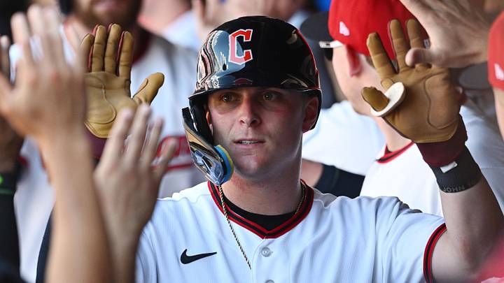 Jun 28, 2026; Cleveland, Ohio, USA; Cleveland Guardians left fielder Cooper Ingle (30) celebrates after scoring during the eighth inning against the Seattle Mariners at Progressive Field. Mandatory Credit: Ken Blaze-Imagn Images
