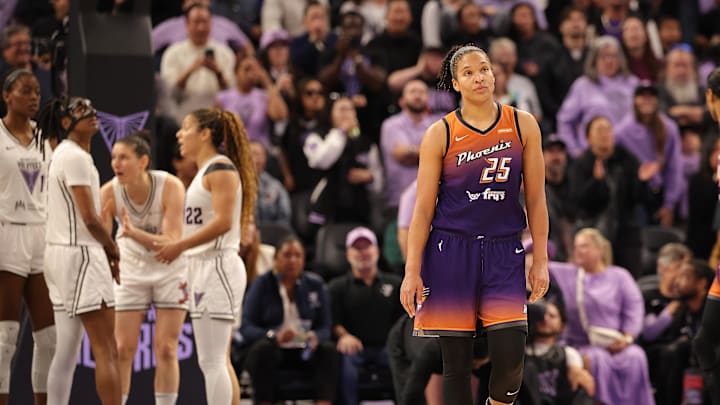 Jul 14, 2025; San Francisco, California, USA; Phoenix Mercury forward Alyssa Thomas (25) between plays against the Golden State Valkyries during the fourth quarter at Chase Center. Mandatory Credit: Kelley L Cox-Imagn Images