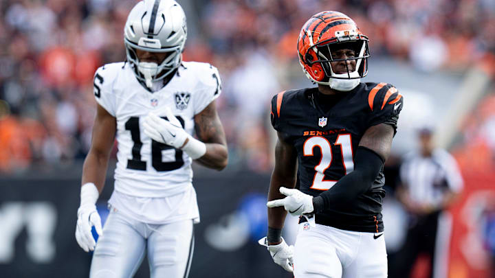 Cincinnati Bengals cornerback Mike Hilton (21) gestures after tackling Las Vegas Raiders wide receiver Tre Tucker (11) in the third quarter of the NFL game at Paycor Stadium in Cincinnati on Sunday, Nov. 3, 2024.