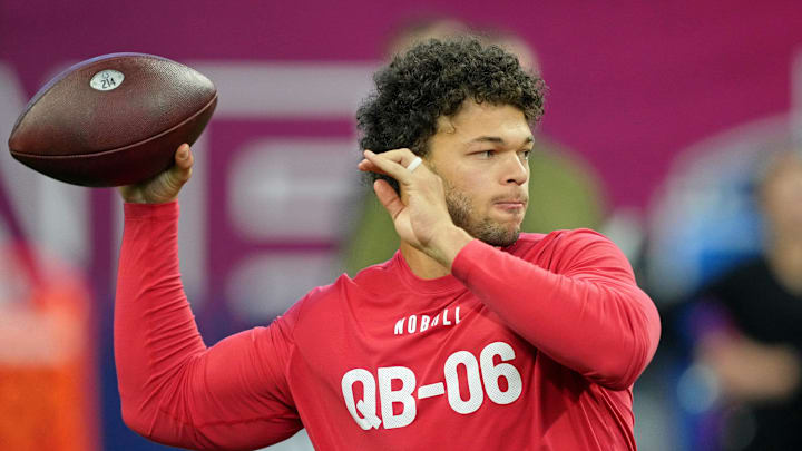 Mar 4, 2023; Indianapolis, IN, USA; Brigham Young quarterback Jaren Hall (QB06) participates in