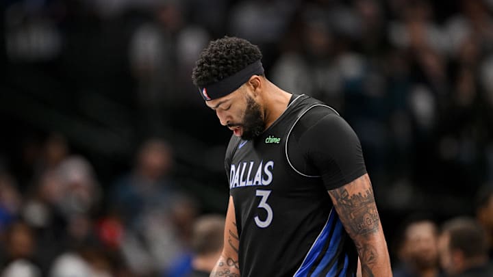 Dec 23, 2025; Dallas, Texas, USA; Dallas Mavericks forward Anthony Davis (3) looks down during the game between the Mavericks and the Nuggets at the American Airlines Center. Mandatory Credit: Jerome Miron-Imagn Images