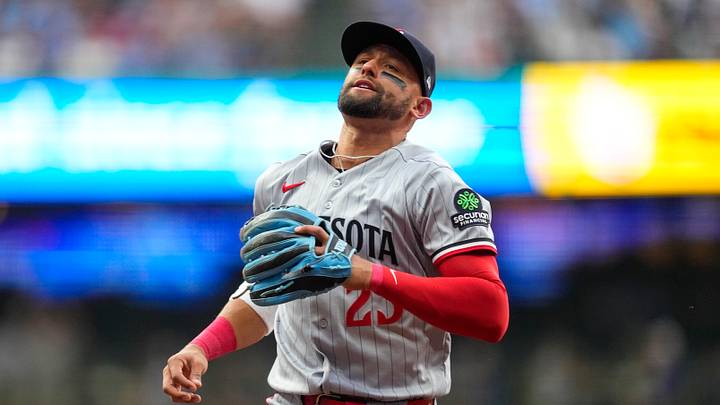 Aug 5, 2026; Milwaukee, Wisconsin, USA;  Minnesota Twins second baseman Royce Lewis (23) reacts after committing a fielding error during the second inning against the Milwaukee Brewers at American Family Field. Mandatory Credit: Jeff Hanisch-Imagn Images