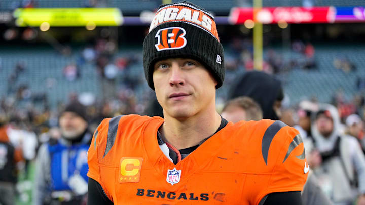 Cincinnati Bengals quarterback Joe Burrow (9) walks for the locker room after the fourth quarter of the NFL Week 13 game between the Cincinnati Bengals and the Pittsburgh Steelers at Paycor Stadium in downtown Cincinnati on Sunday, Dec. 1, 2024. The Steelers won 44-38. Cincinnati Bengals quarterback Joe Burrow (9) walks for the locker room after the fourth quarter of the NFL Week 13 game between the Cincinnati Bengals and the Pittsburgh Steelers at Paycor Stadium in downtown Cincinnati on Sunday, Dec. 1, 2024. The Steelers won 44-38.