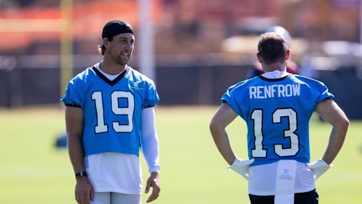Jul 23, 2025; Charlotte, NC, USA; Carolina Panthers wide receiver Adam Thielen (19) talks with wide receiver Hunter Renfrow (13) during Panthers Training Camp. Mandatory Credit: Scott Kinser-Imagn Images
