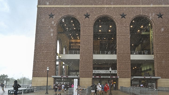 Sep 3, 2022; College Station, Texas, USA;  Fans start to leave as the rain is heavy during a weather