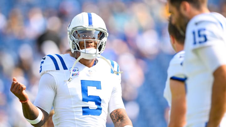 Indianapolis Colts quarterback Anthony Richardson (5) during pregame warmups against the Tennessee Titans at Nissan Stadium.
