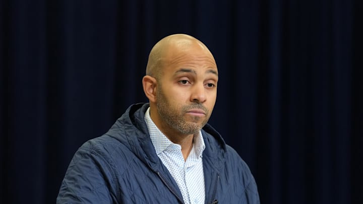 Feb 24, 2026; Indianapolis, IN, USA; Atlanta Falcons general manager Ian Cunningham speaks at the NFL Scouting Combine at the Indiana Convention Center. Mandatory Credit: Kirby Lee-Imagn Images