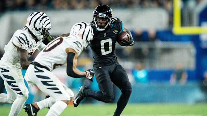 Dec 4, 2023; Jacksonville, Florida, USA; Jacksonville Jaguars wide receiver Calvin Ridley (0) runs