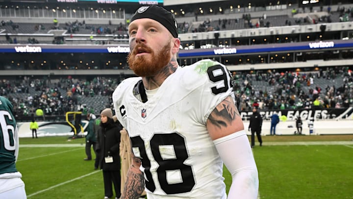 Dec 14, 2025; Philadelphia, Pennsylvania, USA; Las Vegas Raiders defensive end Maxx Crosby (98) on the field after loss to the Philadelphia Eagles at Lincoln Financial Field. Mandatory Credit: Eric Hartline-Imagn Images
