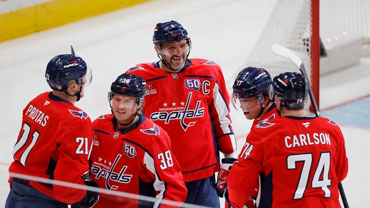 Mar 22, 2025; Washington, District of Columbia, USA; Washington Capitals left wing Alex Ovechkin (8) celebrates with teammates after an assist on goal by Washington Capitals center Dylan Strome (17) during the second period against the Florida Panthers at Capital One Arena. Mandatory Credit: Amber Searls-Imagn Images Mar 22, 2025; Washington, District of Columbia, USA; Washington Capitals left wing Alex Ovechkin (8) celebrates with teammates after an assist on goal by Washington Capitals center Dylan Strome (17) during the second period against the Florida Panthers at Capital One Arena. Mandatory Credit: Amber Searls-Imagn Images