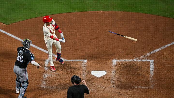 Jun 27, 2026; St. Louis, Missouri, USA; St. Louis Cardinals shortstop Masyn Winn (0) flips his bat after striking out against the Miami Marlins during the eighth inning at Busch Stadium. Mandatory Credit: Jeff Curry-Imagn Images