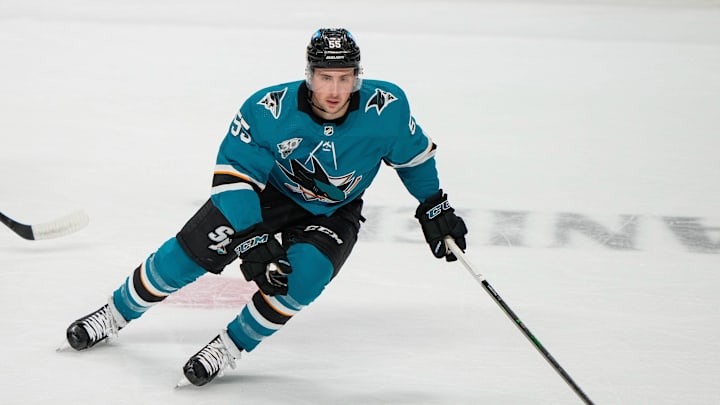 May 5, 2021; San Jose, California, USA;  San Jose Sharks center Alexander Chmelevski (55) during the
