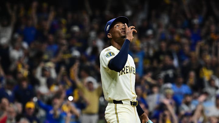 Oct 6, 2025; Milwaukee, Wisconsin, USA; Milwaukee Brewers pitcher Abner Uribe (45) celebrates after the game against the Chicago Cubs during game two of the NLDS round for the 2025 MLB playoffs at American Family Field. Mandatory Credit: Benny Sieu-Imagn Images Oct 6, 2025; Milwaukee, Wisconsin, USA; Milwaukee Brewers pitcher Abner Uribe (45) celebrates after the game against the Chicago Cubs during game two of the NLDS round for the 2025 MLB playoffs at American Family Field. Mandatory Credit: Benny Sieu-Imagn Images