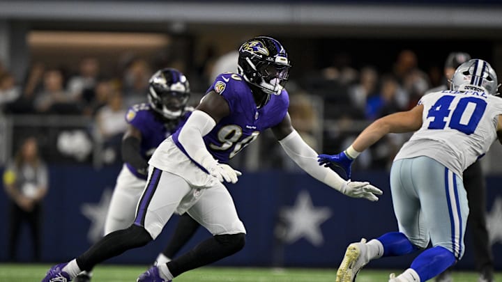 Aug 16, 2025; Arlington, Texas, USA; Baltimore Ravens linebacker David Ojabo (90) rushes the line during the game between the Dallas Cowboys and the Baltimore Ravens at AT&T Stadium. Mandatory Credit: Jerome Miron-Imagn Images