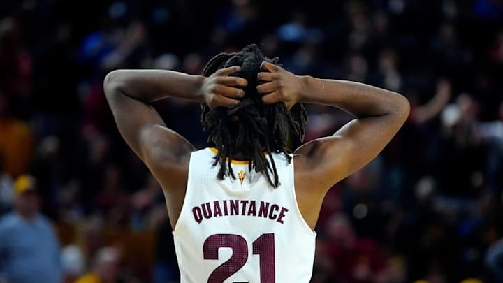 ASU center Jayden Quaintance (21) reacts after his fifth foul against Iowa State during a game at Desert Financial Arena in Tempe on Jan. 25, 2025.