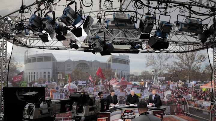 From left, Desmond Howard, Rece Davis, Lee Corso and Kirk Herbstreit broadcast live from the set of ESPN's College Gameday before a NCAA Division I college football game between the Ohio State Buckeyes and the Penn State Nittany Lions on Saturday, November 23, 2019 at Ohio Stadium in Columbus, Ohio.