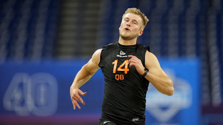 Mar 1, 2025; Indianapolis, IN, USA; Louisville quarterback Tyler Shough (QB14) during the 2025 NFL Combine at Lucas Oil Stadium. Mandatory Credit: Kirby Lee-Imagn Images