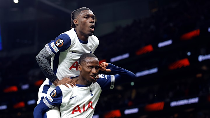 Yves Bissouma and Pape Matar Sarr celebrate against Qarabag