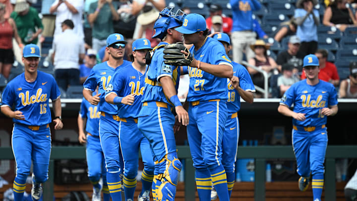  UCLA Bruins pitcher Easton Hawk (27) celebrates the win against the Murray State Racers at Charles Schwab Field. Mandatory Credit: Steven Branscombe—Imagn Images