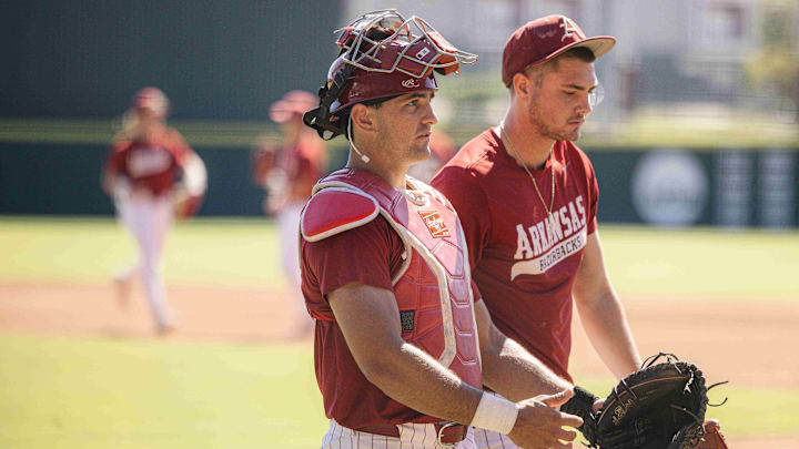 Arkansas catcher Ryder Helfrick during intrasquad scrimmages 