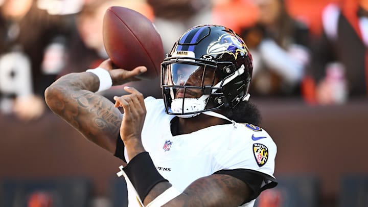 Oct 27, 2024; Cleveland, Ohio, USA; Baltimore Ravens quarterback Lamar Jackson (8) warms up before the game between the Cleveland Browns and the Ravens at Huntington Bank Field. Mandatory Credit: Ken Blaze-Imagn Images