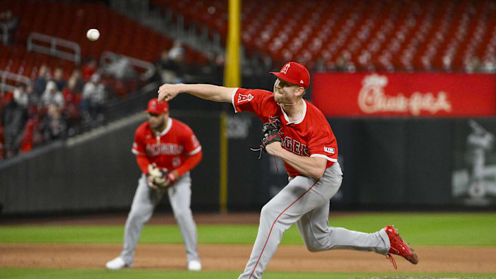Apr 1, 2025; St. Louis, Missouri, USA; Los Angeles Angels relief pitcher Ryan Zeferjahn (56) pitches against the St. Louis Cardinals during the 11th inning at Busch Stadium. Mandatory Credit: Jeff Curry-Imagn Images Apr 1, 2025; St. Louis, Missouri, USA; Los Angeles Angels relief pitcher Ryan Zeferjahn (56) pitches against the St. Louis Cardinals during the 11th inning at Busch Stadium. Mandatory Credit: Jeff Curry-Imagn Images