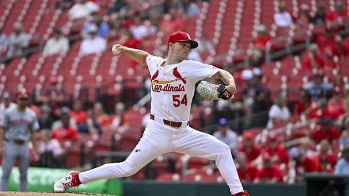 Sep 12, 2024; St. Louis, Missouri, USA;  St. Louis Cardinals starting pitcher Sonny Gray (54) pitches against the Cincinnati Reds during the first inning at Busch Stadium. Mandatory Credit: Jeff Curry-Imagn Images