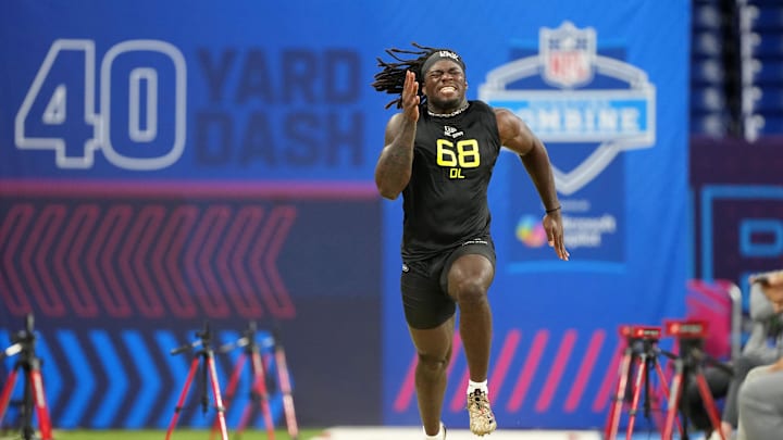 Feb 27, 2025; Indianapolis, IN, USA; Texas A&M defensive lineman Shemar Stewart (DL68) participates in drills during the 2025 NFL Combine at Lucas Oil Stadium. Mandatory Credit: Kirby Lee-Imagn Images