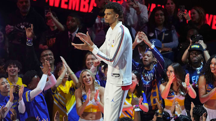 Feb 16, 2025; San Francisco, CA, USA; Chuckís Global Stars forward Victor Wembanyama (1) of the San Antonio Spurs during player introductions before the 2025 NBA All Star Game at Chase Center. Mandatory Credit: Darren Yamashita-Imagn Images