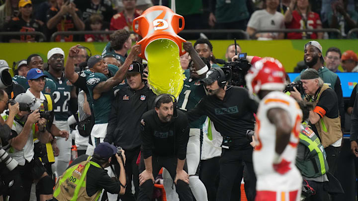 Yellow Gatorade was dumped on Nick Sirriani at Super Bowl 59. Yellow Gatorade was dumped on Nick Sirriani at Super Bowl 59.