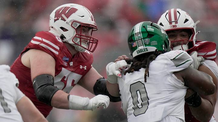 Wisconsin offensive lineman Kevin Heywood (55) is shown during the second quarter of their game against Eastern Michigan Saturday, Sept. 19, 2026 at Camp Randall Stadium in Madison, Wisconsin. Wisconsin offensive lineman Kevin Heywood (55) is shown during the second quarter of their game against Eastern Michigan Saturday, Sept. 19, 2026 at Camp Randall Stadium in Madison, Wisconsin.